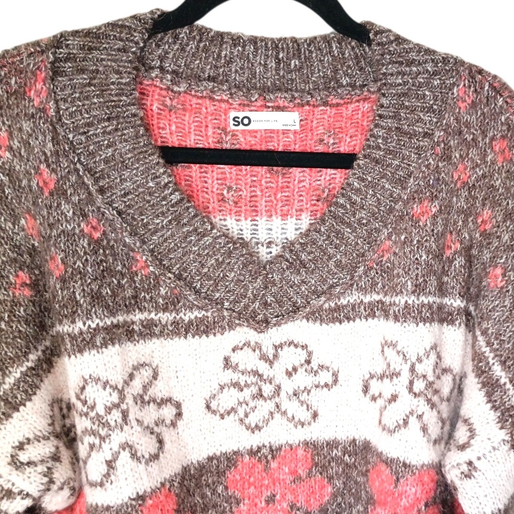 SO Goods For Life Womens Brown Pink Floral Marl Knit V-Neck Sweater Large - Picture 7 of 9
